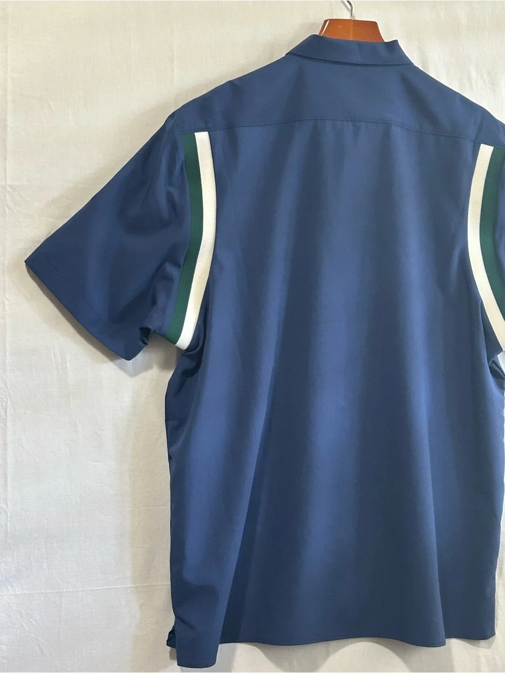 Murano - Navy Short-Sleeve Button-Down Shirt with White and Green Sleeve Stripes